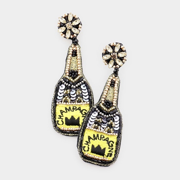 Black yellow gold Champagne bottle fashion fun sequin earrings - Picture 1 of 4
